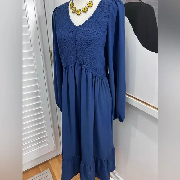 Zwurew V Neck Long Sleeve Rouched Bodice Dress in Navy Blue, Size XL - Picture 5 of 10